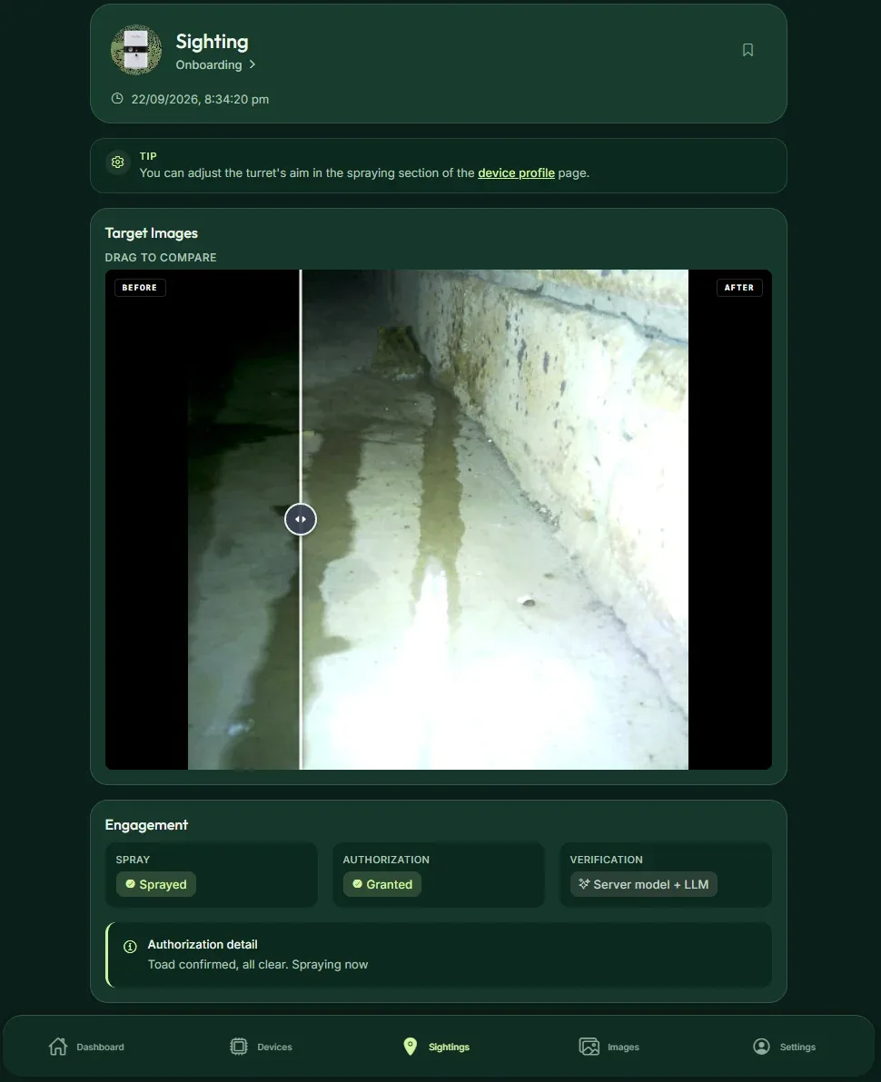 The same ToadOps sighting with the slider revealing the after-spray image, showing the toad further along the wall and the wet ground.