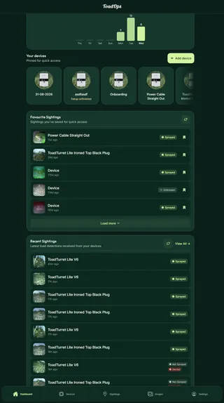 ToadOps dashboard showing detection activity, devices, favourite sightings and recent cane toad detections
