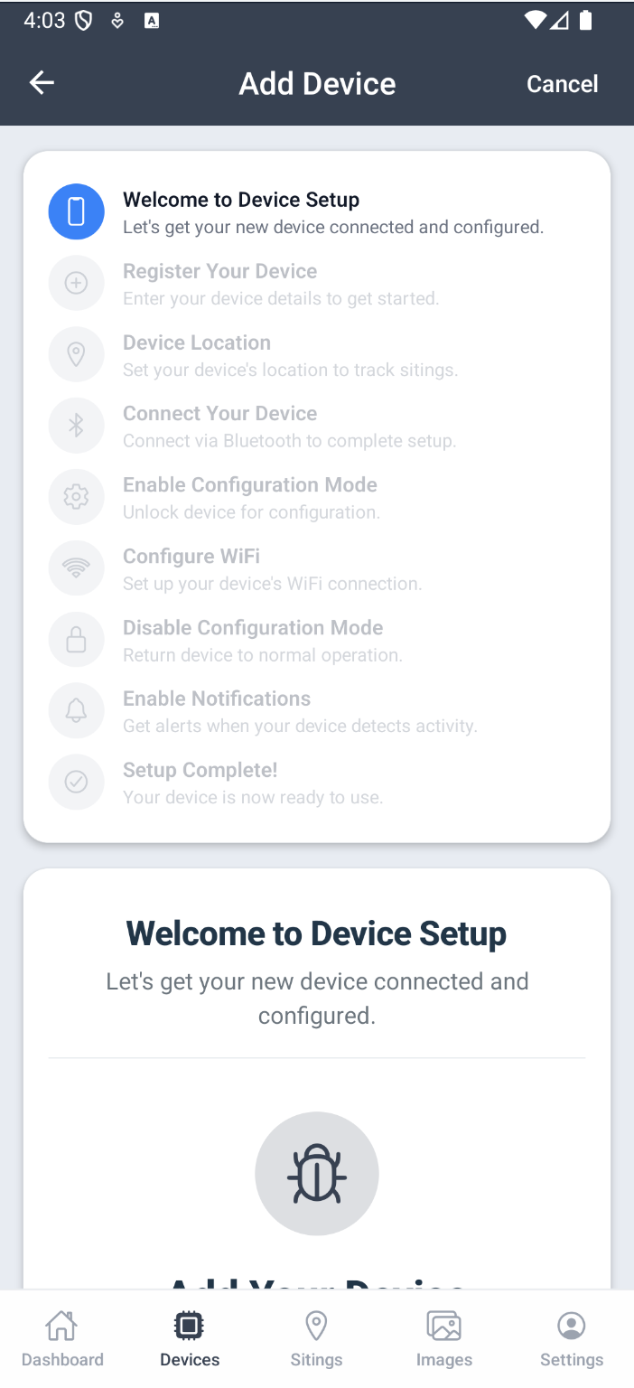 The Add Device wizard showing all setup steps