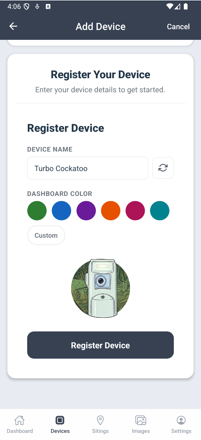 Registering your device with a name and dashboard colour