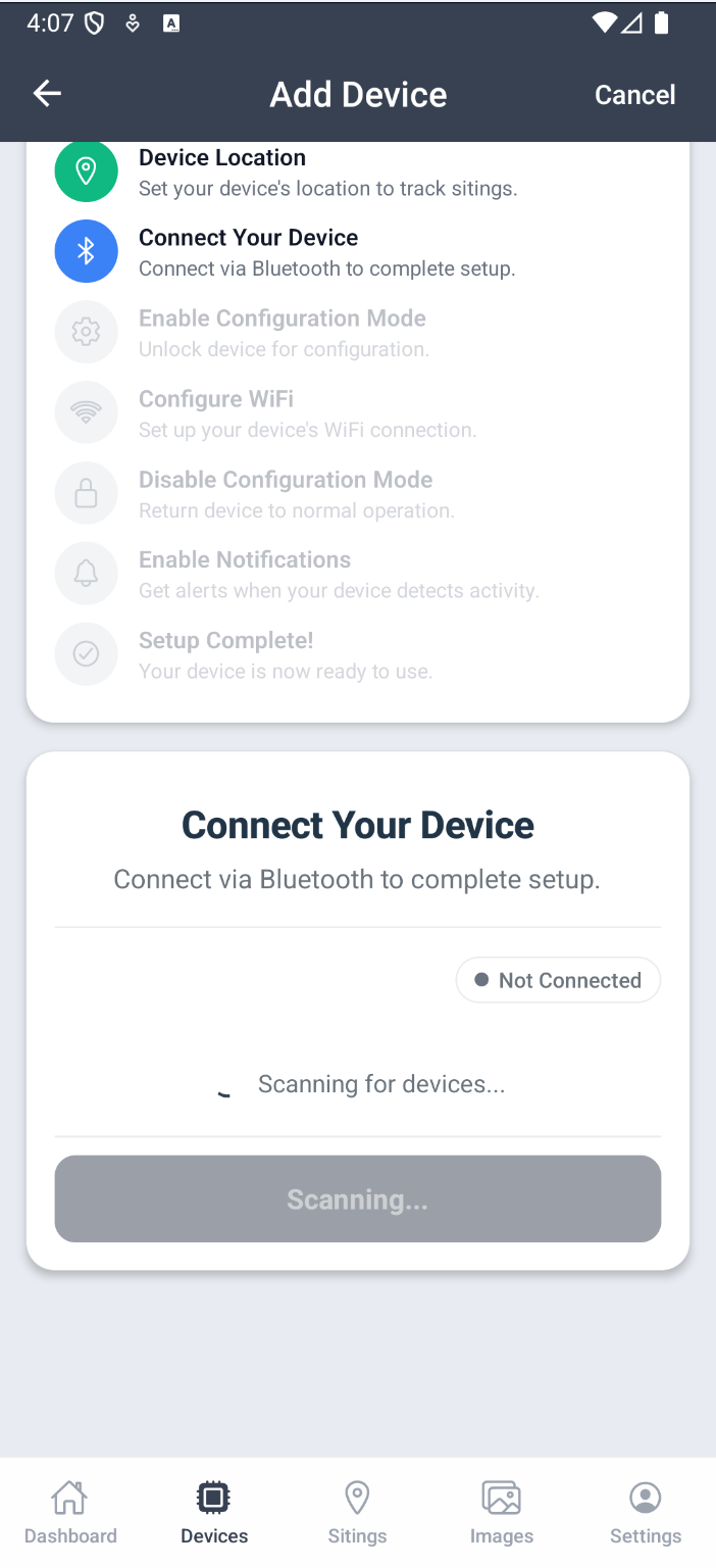 The Bluetooth scanning step of the setup wizard, showing the device scanning for nearby ToadTurret devices