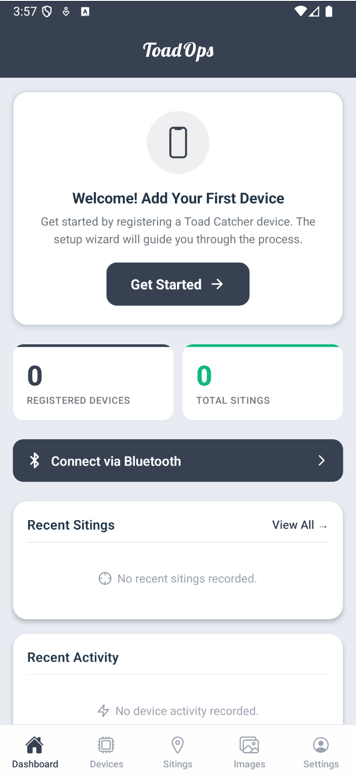 The ToadOps app dashboard showing the Add Device prompt and Get Started button