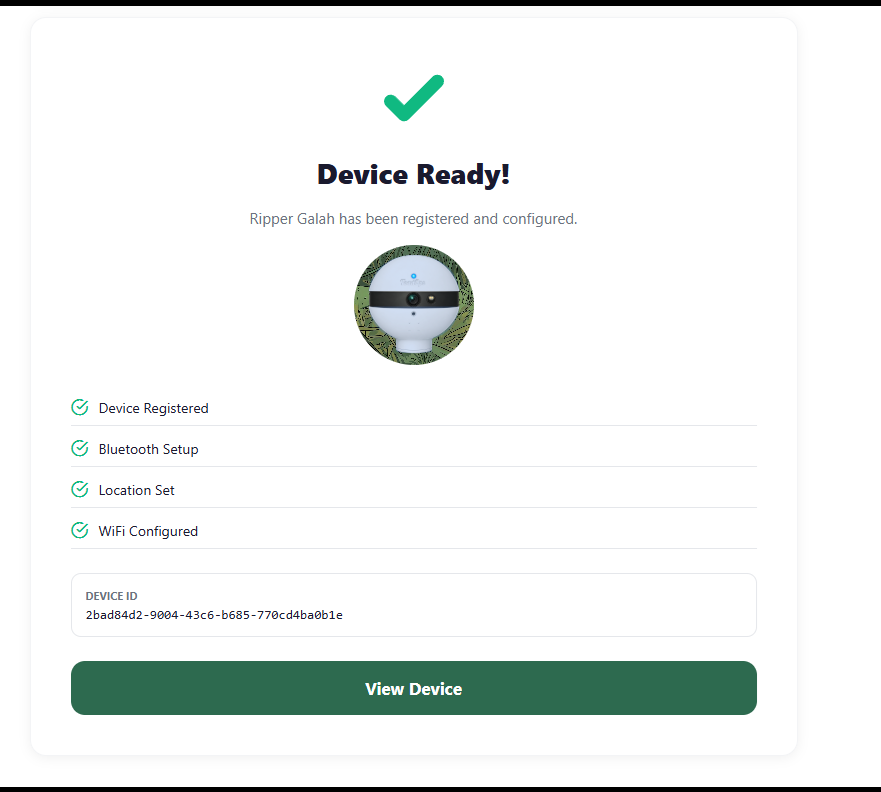 Device Ready screen with a completed setup checklist and View Device button