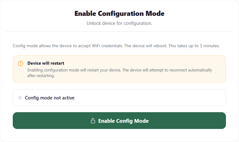 Enable Configuration Mode screen warning that the device will restart