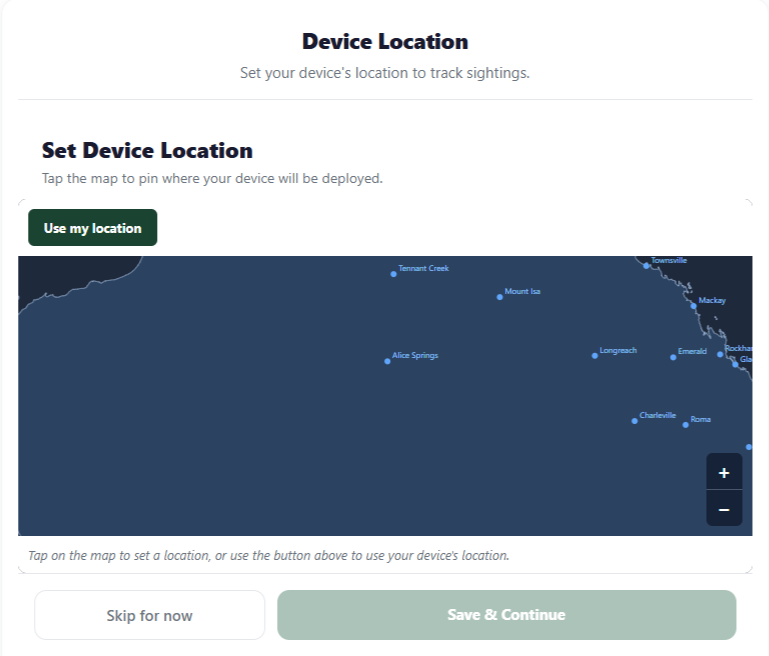 Device Location screen with a map and Save and Continue button