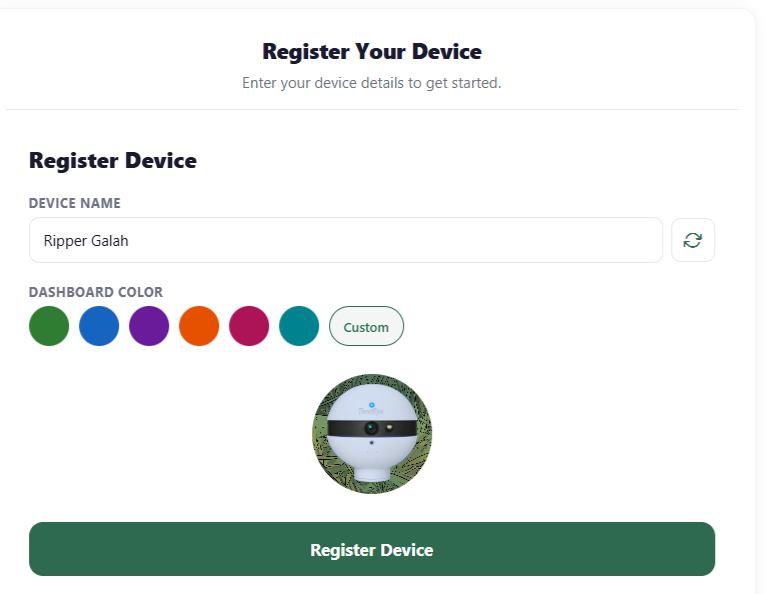 Register Your Device screen with a device name, dashboard colour choices, and Register Device button