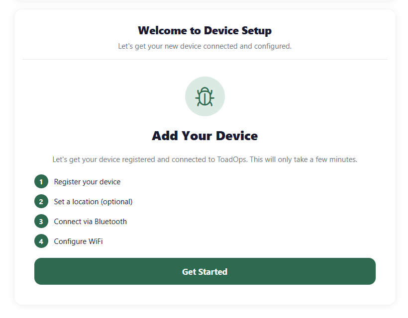 ToadOps Welcome to Device Setup screen with a Get Started button