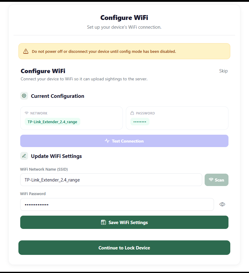 Configure WiFi screen with network name, password, Save WiFi Settings, and Continue to Lock Device controls